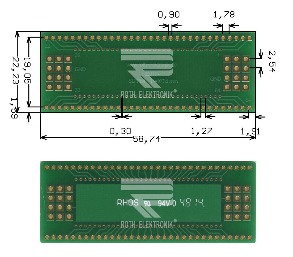 Roth Elektronik RE917 Adapter SDIP64 1,778 mm Pitch RM 2,54 mm