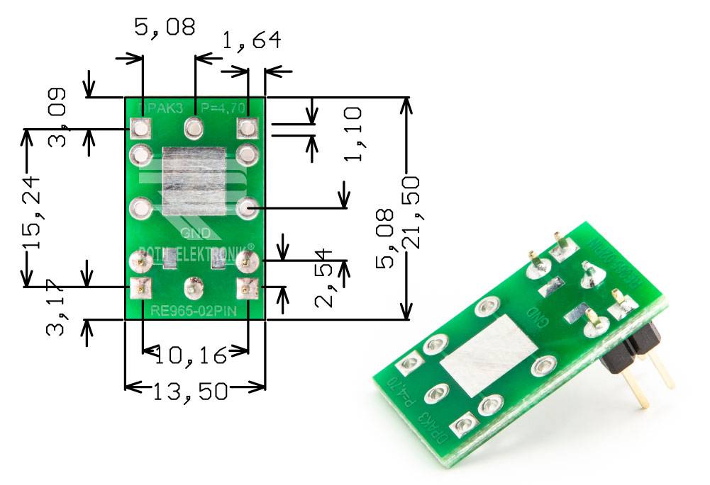 Roth Elektronik RE965-02PIN Adapter DPAK3 P=4,70 mm mit Pins