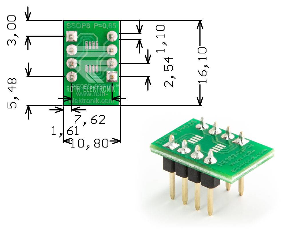 Roth Elektronik RE969-03PIN Adapter SSOP8 P=0,65 mm mit Pins