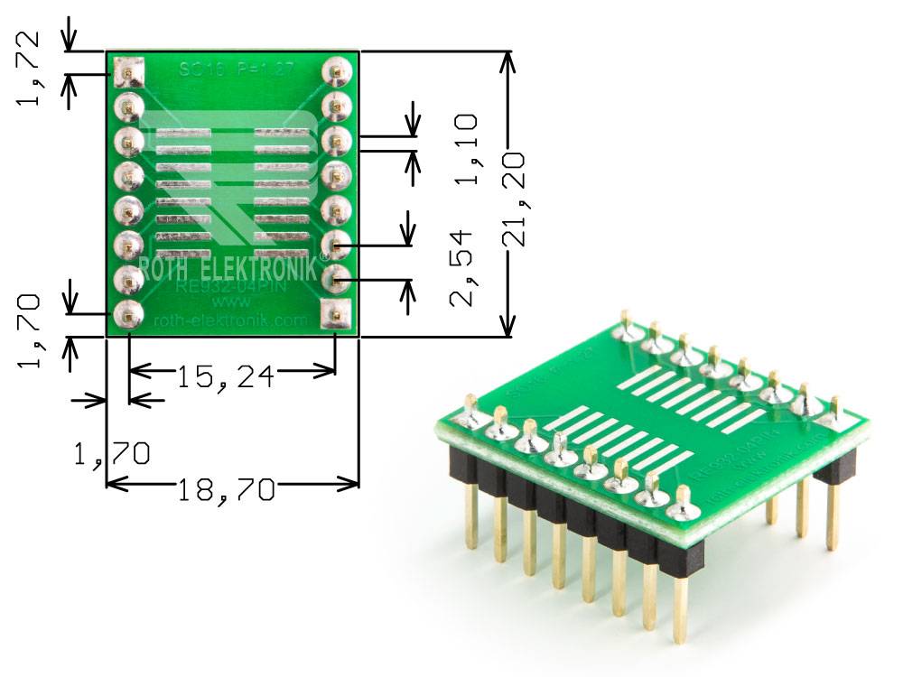 Roth Elektronik RE932-04PIN Adapter SO16 P=1,27 mm mit Pins