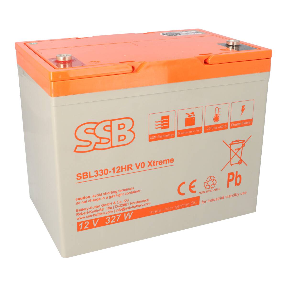 Orange-schwarze SSB-Batterie mit der Bezeichnung „SBL330-12HR V0 Xtreme