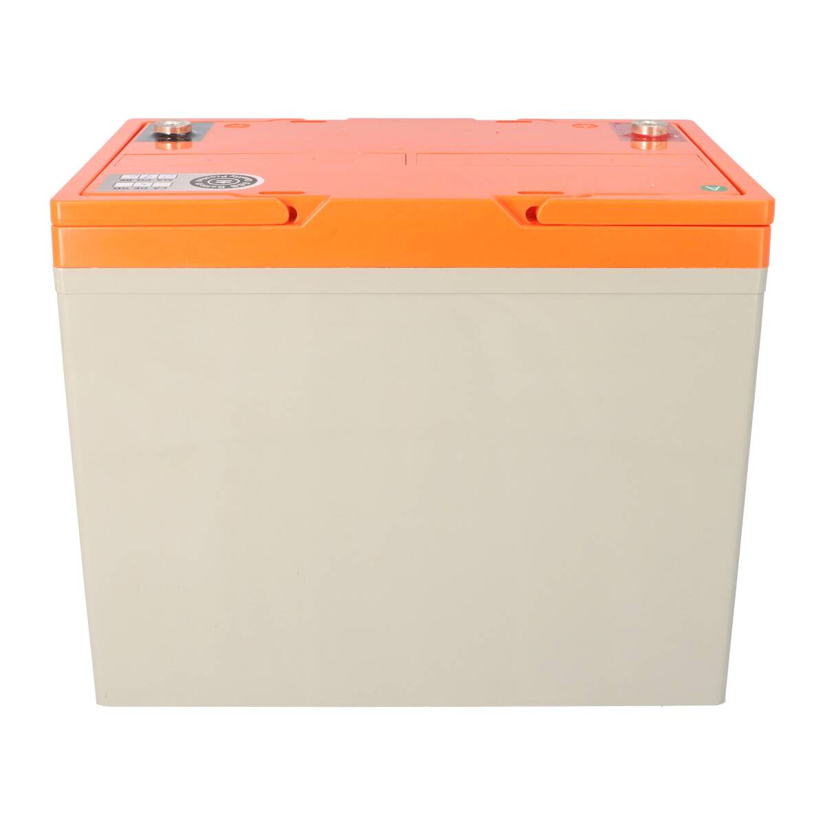 Draufsicht einer beigen Batterie mit orangefarbenem Deckel und Anschlüssen, isoliert auf weißem Hintergrund dargestellt.
