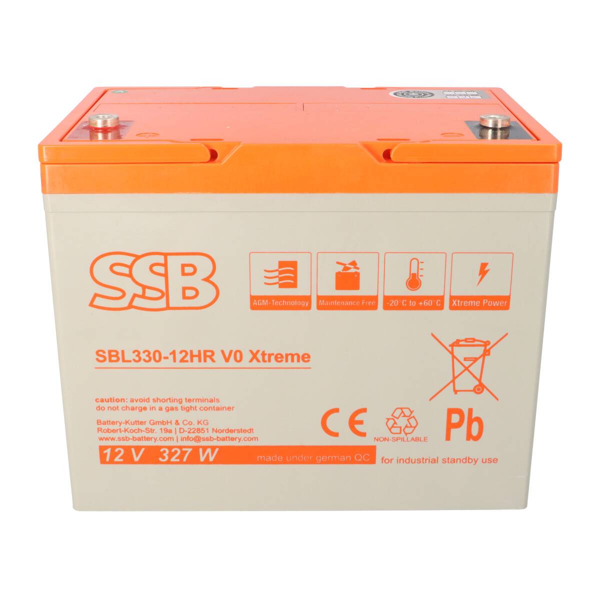 Orange und grau SSB 12V 327W Industrie-Notstromakku mit beschrifteten Anschlüssen und Blei-Säure-Recycling-Symbol.