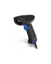 Schwarzer tragbarer Barcode-Scanner mit blauen Akzenten und Kabel, auf weißem Hintergrund dargestellt.