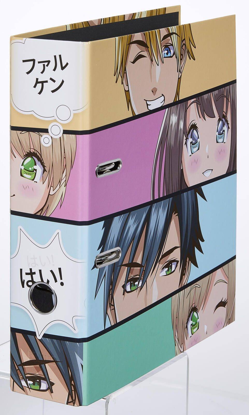 Anime-Themed-Aufbewahrungsbox mit Manga-Charaktergesichtern und japanischen Sprechblasen auf einem rosa, blau und grünen Design.