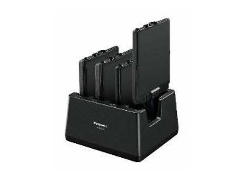 Schwarze Dockingstation/Ladestation mit mehreren aufrecht stehenden elektronischen Geräten oder Akkupacks in Schlitzen