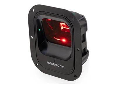 Schwarzer Datalogic-Barcodescanner mit rotem Scannerlicht und Befestigungslöchern auf weißem Hintergrund.