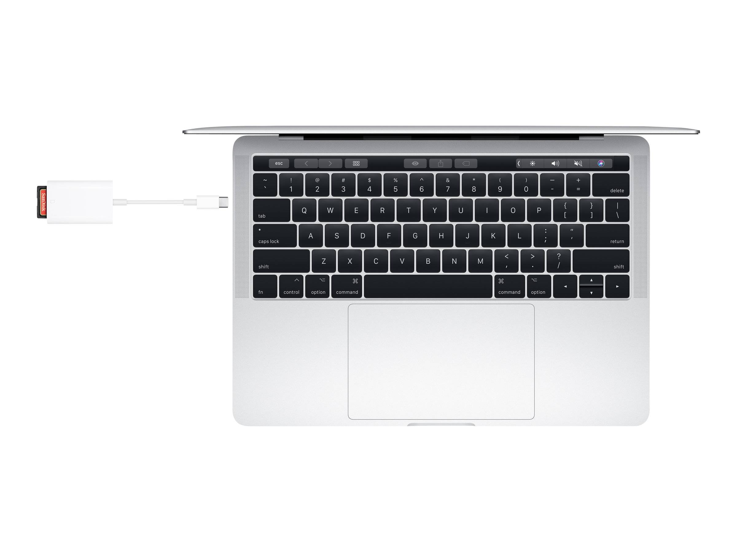 Draufsicht auf einen Laptop mit einem USB-Stick, der über einen weißen Adapter in die linke Seite gesteckt ist, was eine externe Speicherverbindung anzeigt.