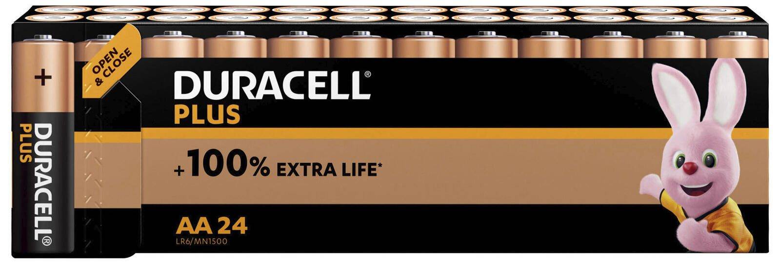 Duracell Plus AA 24er-Packung Batteriekarton mit rosa Haschen-Maskottchen und der Aussage 