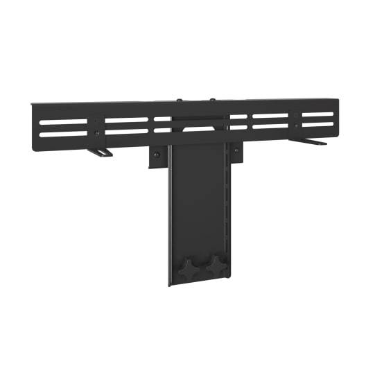 Schwarze wandmontierte TV-Halterung mit horizontaler Montageschiene und vertikaler Trägerplatte auf weißem Hintergrund.