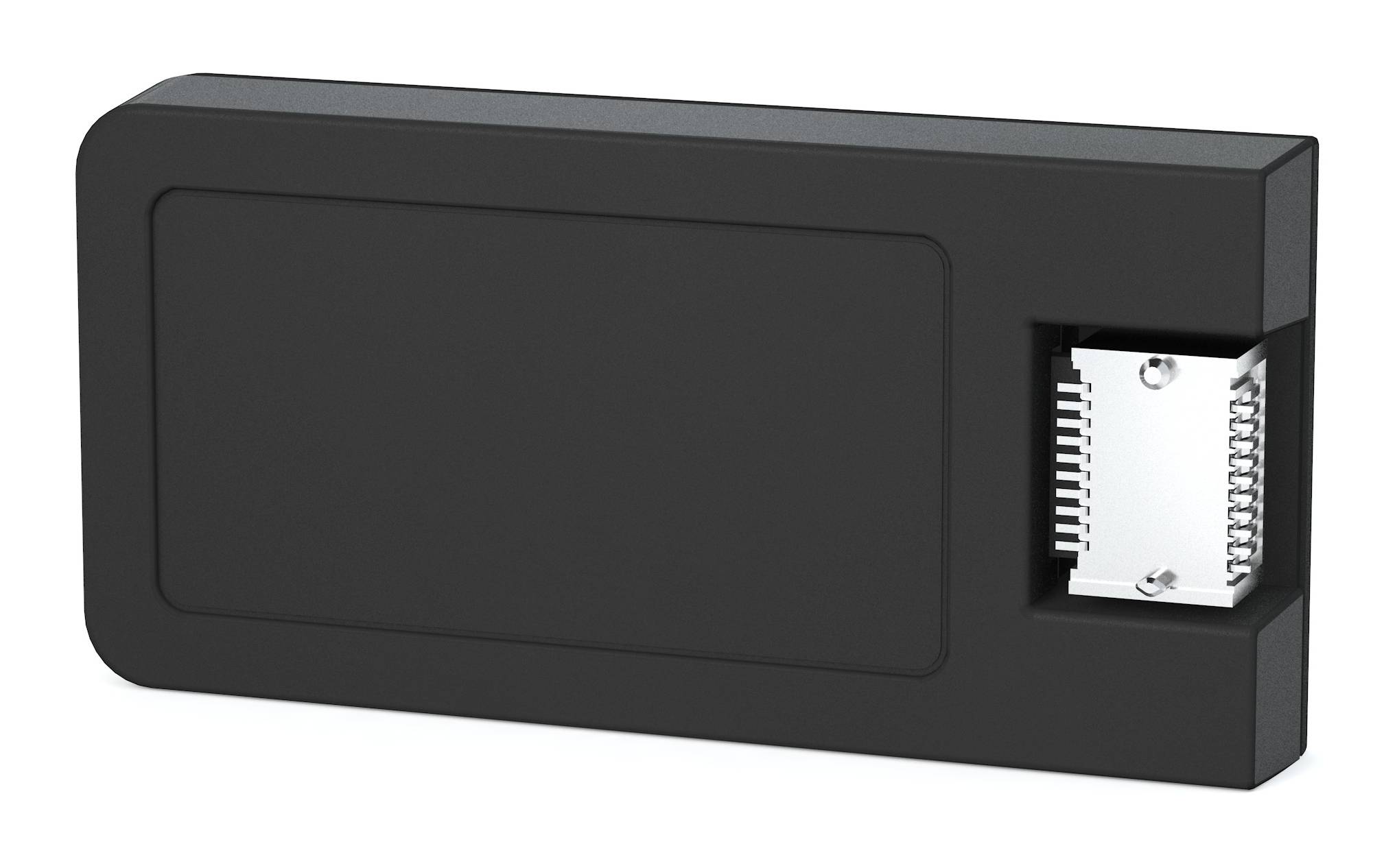 Schwarzes rechteckiges elektronisches Gerät mit einer vertieften Bedienleiste und freiliegendem Metallstecker auf der rechten Seite.