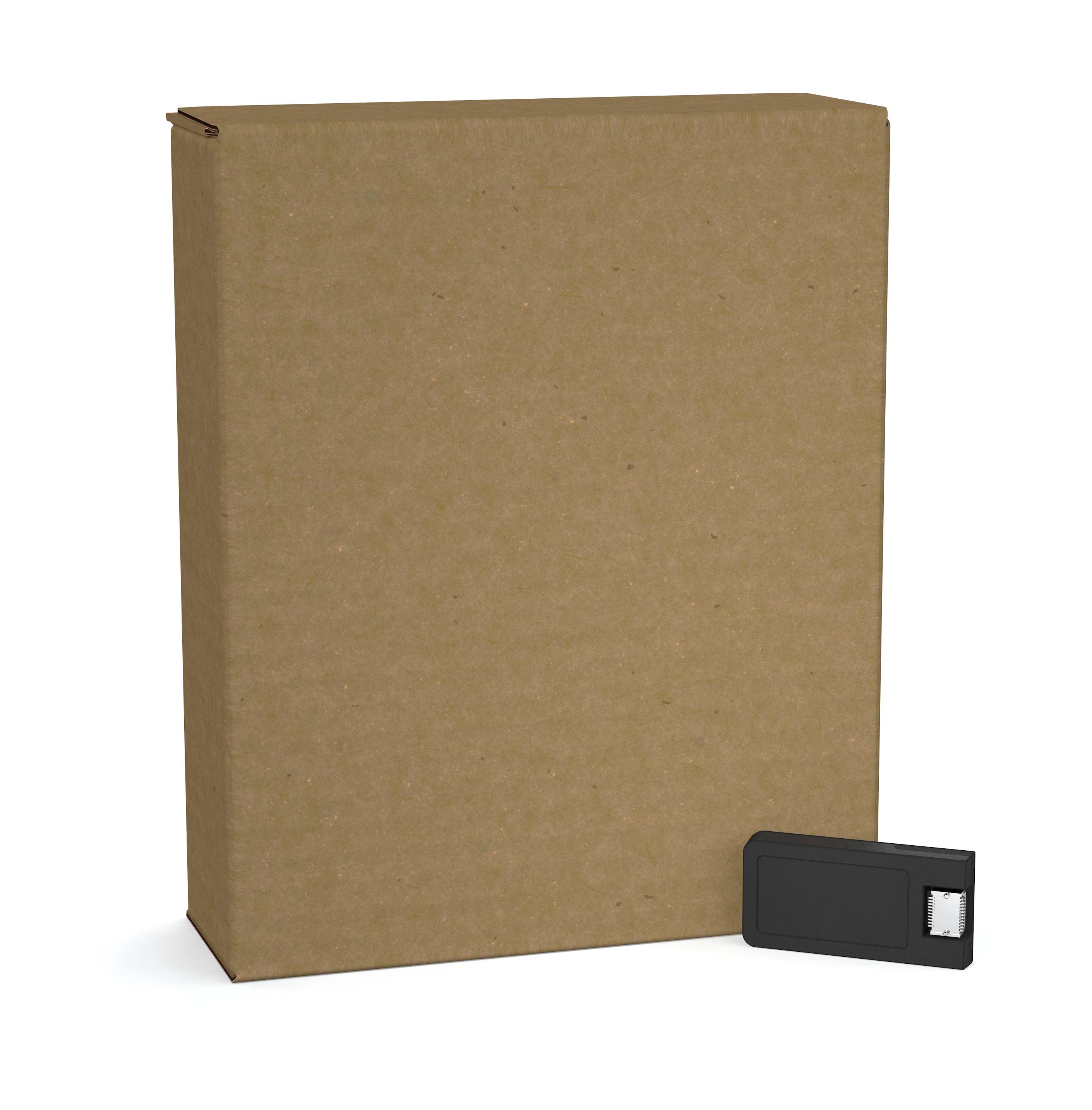 Einfacher brauner Karton mit einem kleinen schwarzen USB-Stick davor auf weißem Hintergrund.