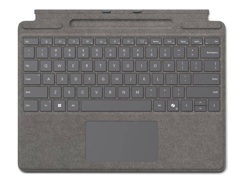 Eine graue Tastatur mit integriertem Trackpad, entwickelt für einen Tablet-Computer. Sie verfügt über Standard-Tasten und eine obere Reihe von Funktionstasten.