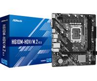 ASRock H610M-HDV/M.2 R2.0 Motherboard neben seiner blauen Einzelhandelsverpackung gezeigt.