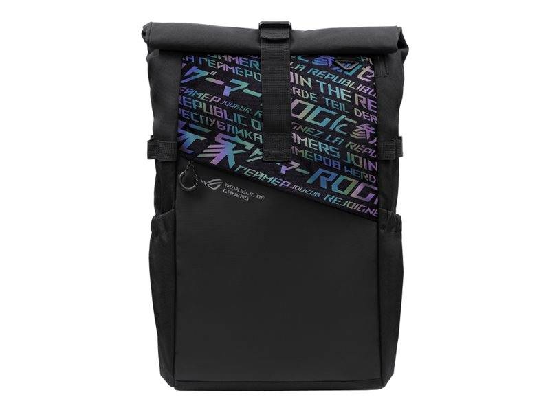 Schwarzer Rucksack mit Rollverschluss, gemustertem oberen Panel, vorderem Schnallriemen und seitlichen Kompressionsgurten auf weißem Hintergrund