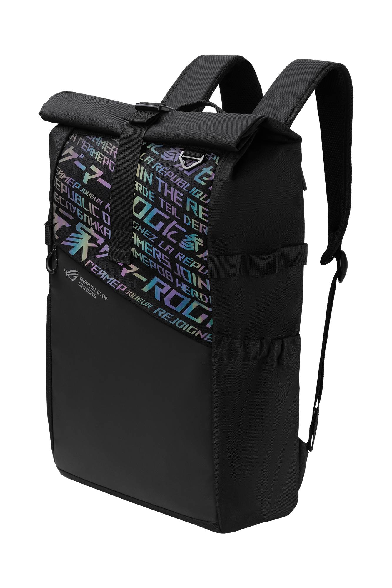 Schwarzer Rucksack mit Rollverschluss und neon-farbiger grafischer Frontplatte, auf schwarzem Hintergrund dargestellt.
