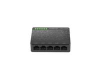 Kleiner schwarzer Netzwerk-Switch mit fünf leuchtenden grünen Status-LEDs und mehreren Ethernet-Anschlüssen auf weißem Hintergrund