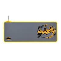 Graues rechteckiges Batman-Design-Etui oder Beutel mit gelbem Rand, Batman-Logo auf der rechten Seite und kleines Fledermaus-Emblem auf der linken Seite.