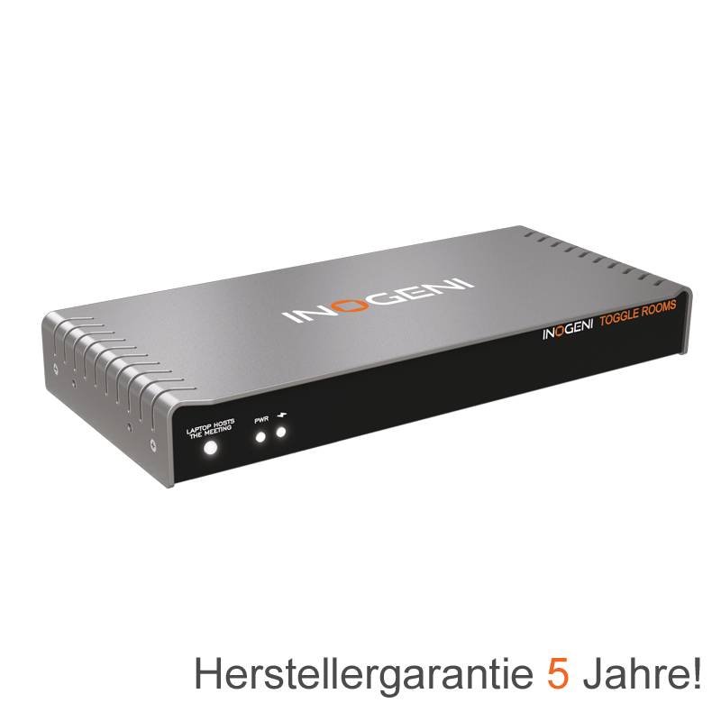 Silber- und schwarze INOGENI TOGGLE ROOMS Hardware-Box auf schwarzem Hintergrund, mit Text „Herstellergarantie 5 Jahre!
