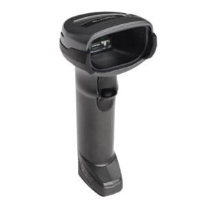 Tragbarer Barcode-Scanner mit Auslösehandgriff, isoliert auf schwarzem Hintergrund dargestellt.
