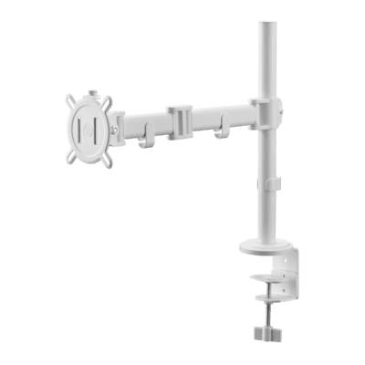 Ein weißer verstellbarer Monitorarm mit Klemmhalterung vor schwarzem Hintergrund, der seine Rotations- und Höhenverstellungsfähigkeiten zeigt.