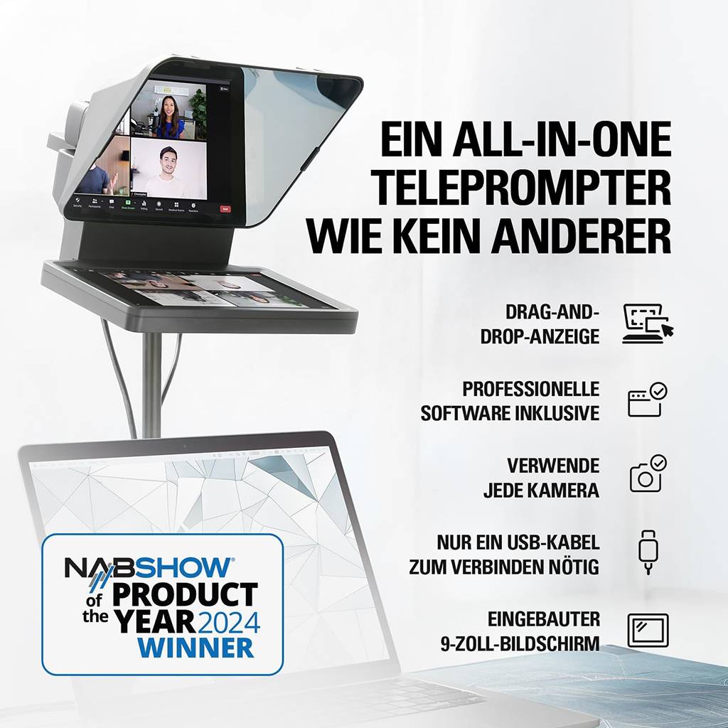 Werbegrafik eines All-in-One-Teleprompters mit integriertem 9-Zoll-Bildschirm und Laptop-Display, gekennzeichnet als NAB Show Product of the Year 2024 Gewinner, mit Auflistung von Drag-and-Drop-Anzeige, enthaltener Software, beliebiger Kamera und USB-Only-Verbindung.