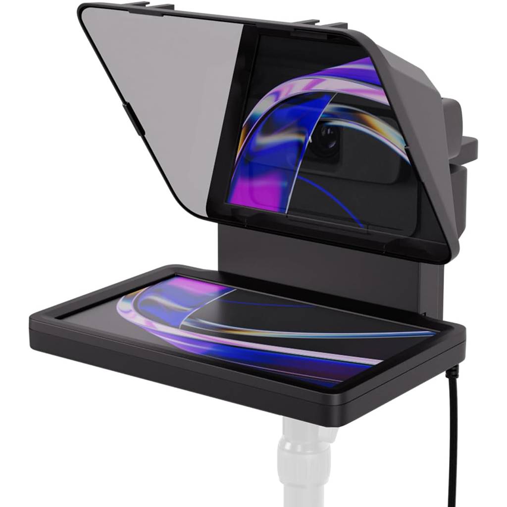 Teleprompter-Gerät mit geneigtem reflektierendem Glas und einem Tablet- oder Telefon-Display, das auf einem Ständer montiert ist, um das Skript beim Filmen oder Sprechen zu lesen.