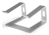 Silberner Metall-Laptop-Ständer mit zwei erhöhten Stützarmen und flacher Basis, auf weißem Hintergrund dargestellt.