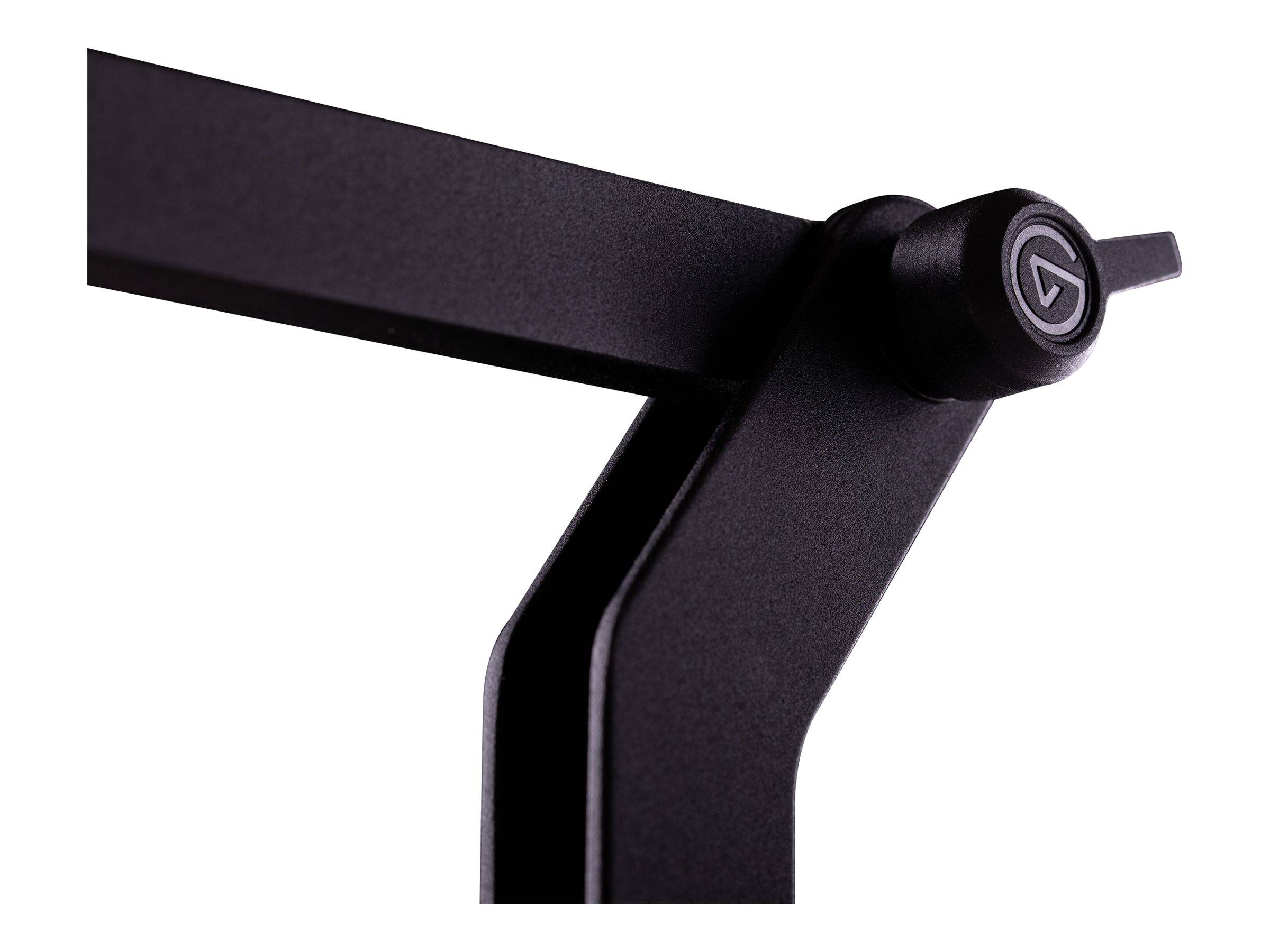 Ein schwarzer verstellbarer Mikrofonständer mit einem Gelenk und einem Logo auf der Seite, geeignet für Studio- oder Rundfunkzwecke.