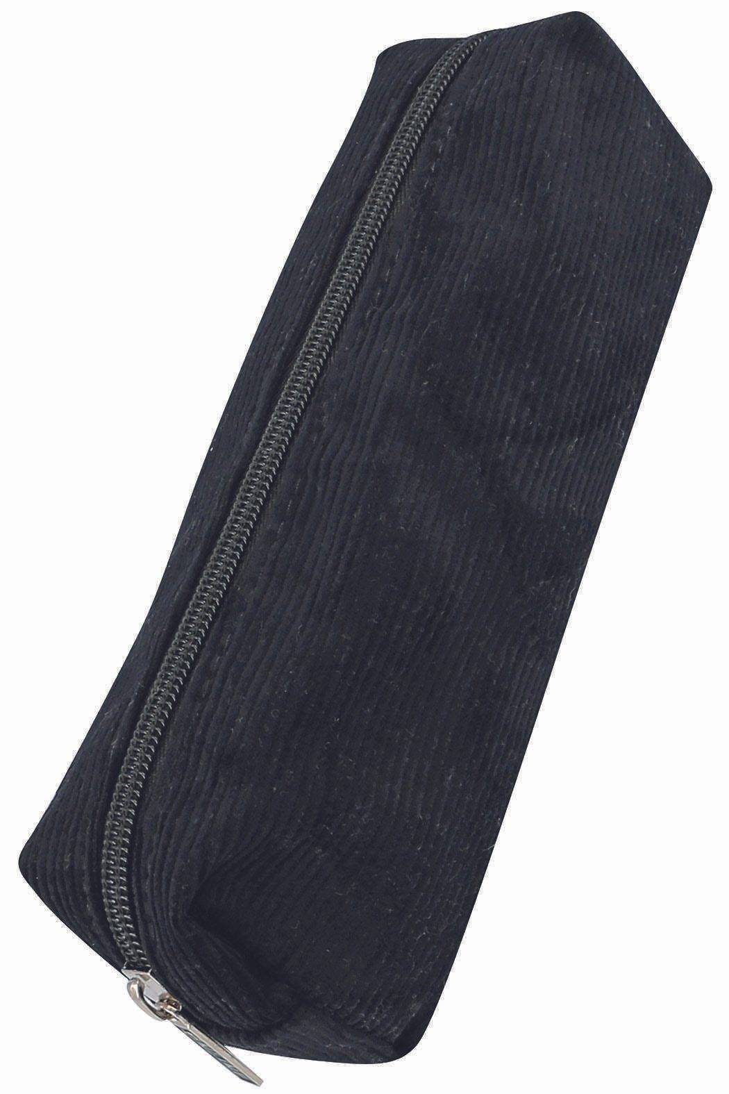 Ein schwarzer Cordpouch mit einem sichtbaren Reißverschluss entlang seiner Länge, wahrscheinlich zum Aufbewahren von kleinen Gegenständen oder Accessoires.