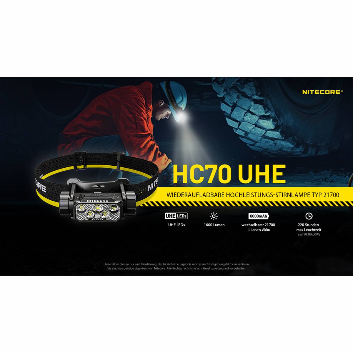Nitecore HC70 UHE LED Stirnlampe 1600 Lumen - Schwarz/Gelb