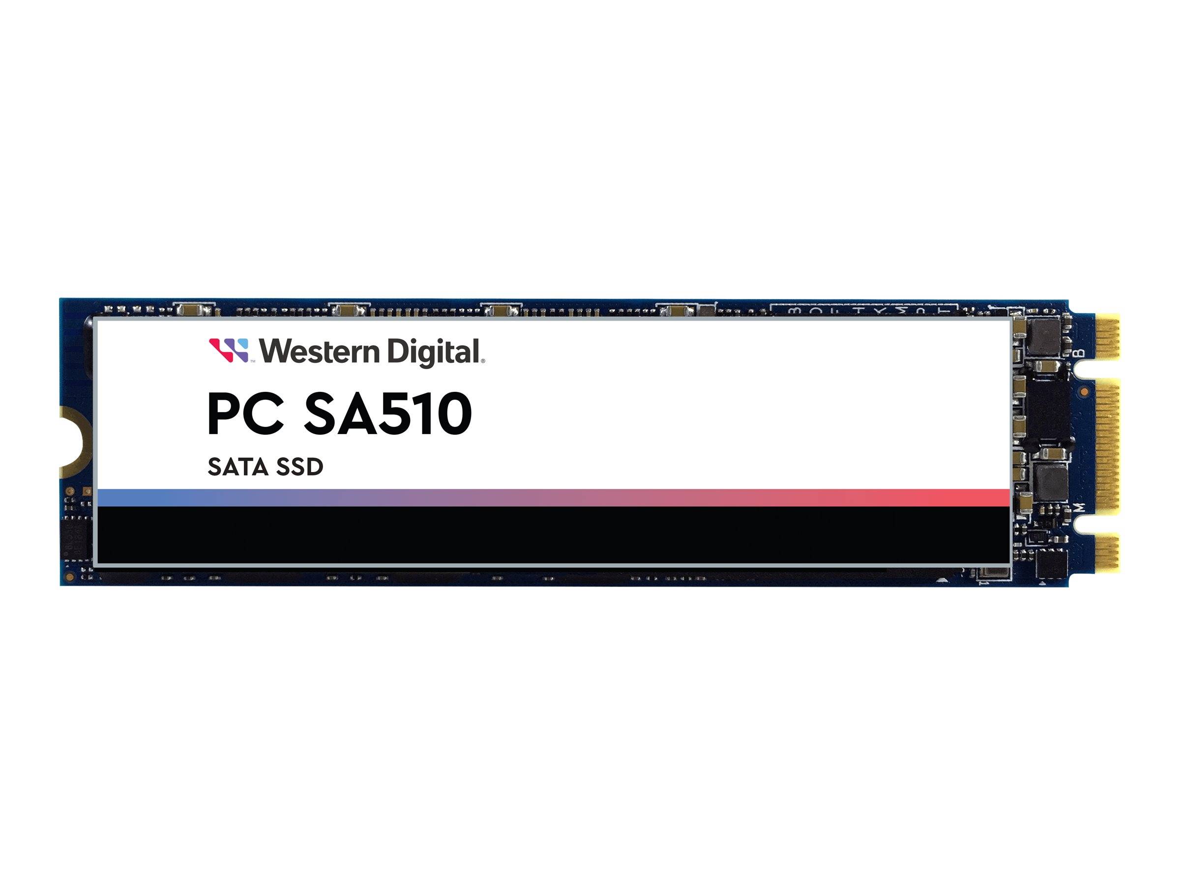 Western Digital PC SA510 SATA SSD-Modul auf weißem Hintergrund dargestellt.