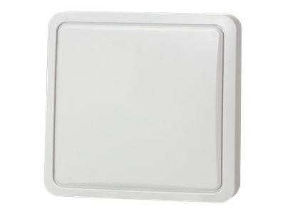 Ein quadratischer, weißer Lichtschalter mit glatter Oberfläche, dargestellt in der ausgeschalteten Position, vor weißem Hintergrund.