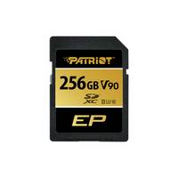 Vorderansicht einer Patriot 256GB SDXC Speicherkarte mit den Bezeichnungen V90 und EP auf weißem Hintergrund.
