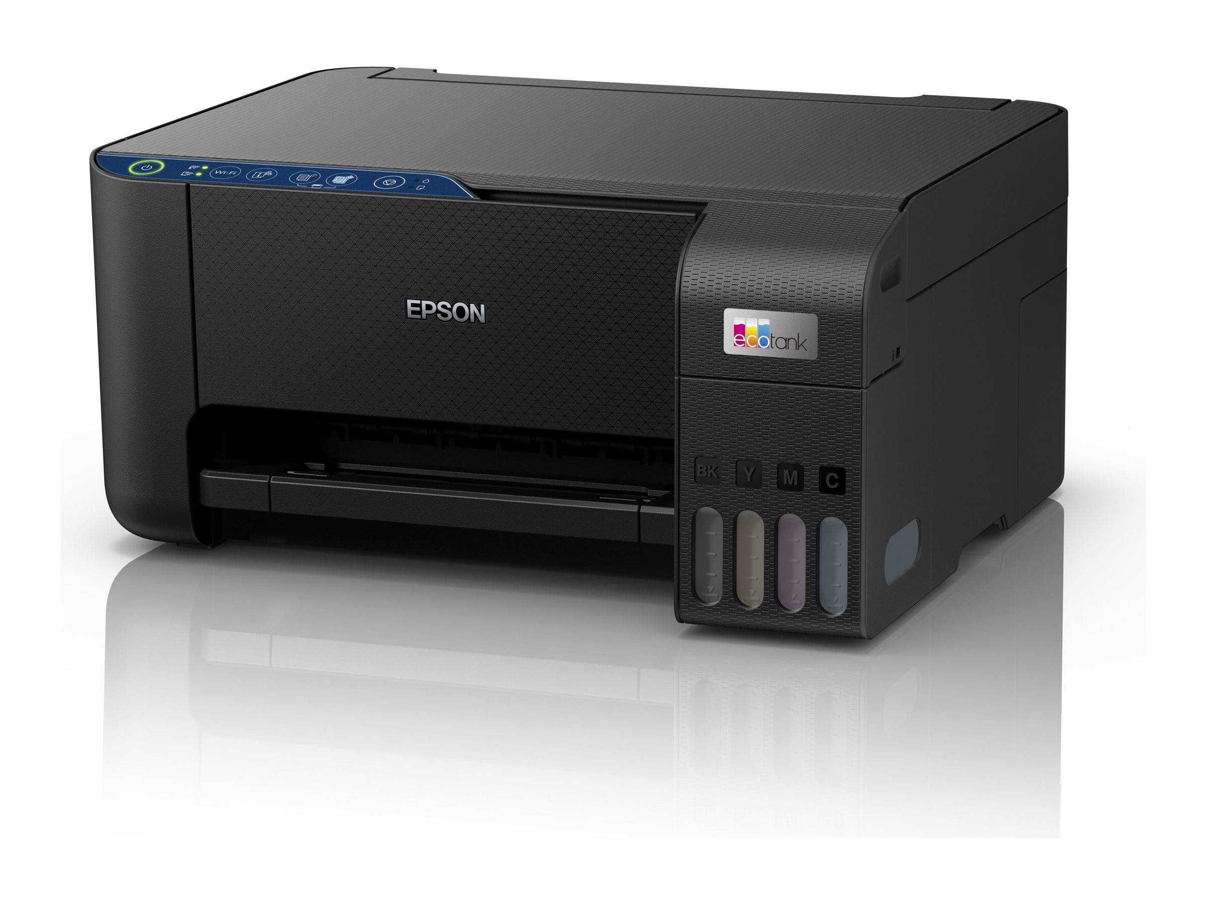 Schwarzer Epson EcoTank-Drucker mit sichtbaren vorderen Tintentanks und Bedienfeld, vor weißem Hintergrund dargestellt.