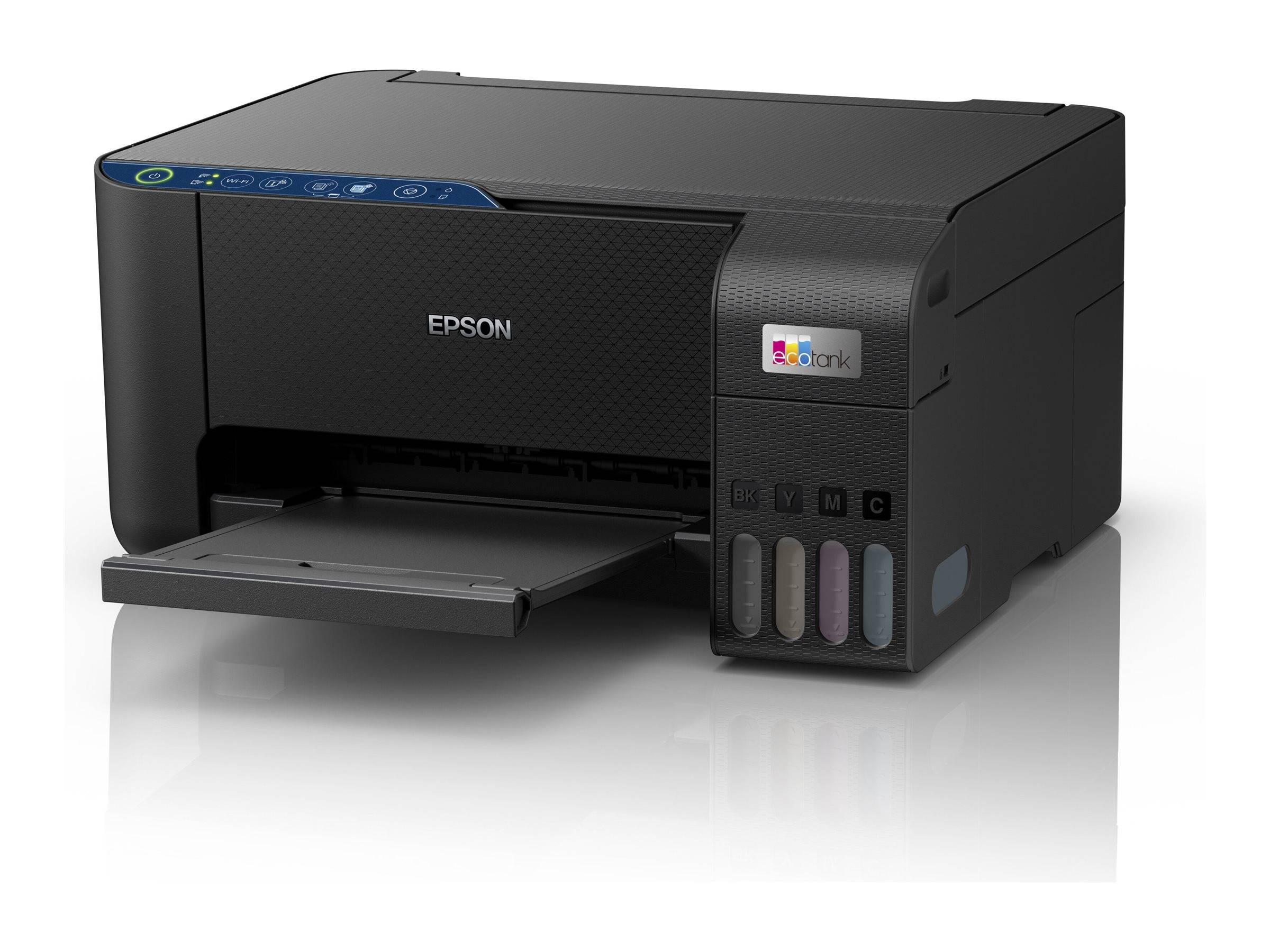 Schwarzer Epson EcoTank Tintenstrahldrucker mit vorderer Papierzuführung und sichtbaren farbigen Tintentanks auf der rechten Seite