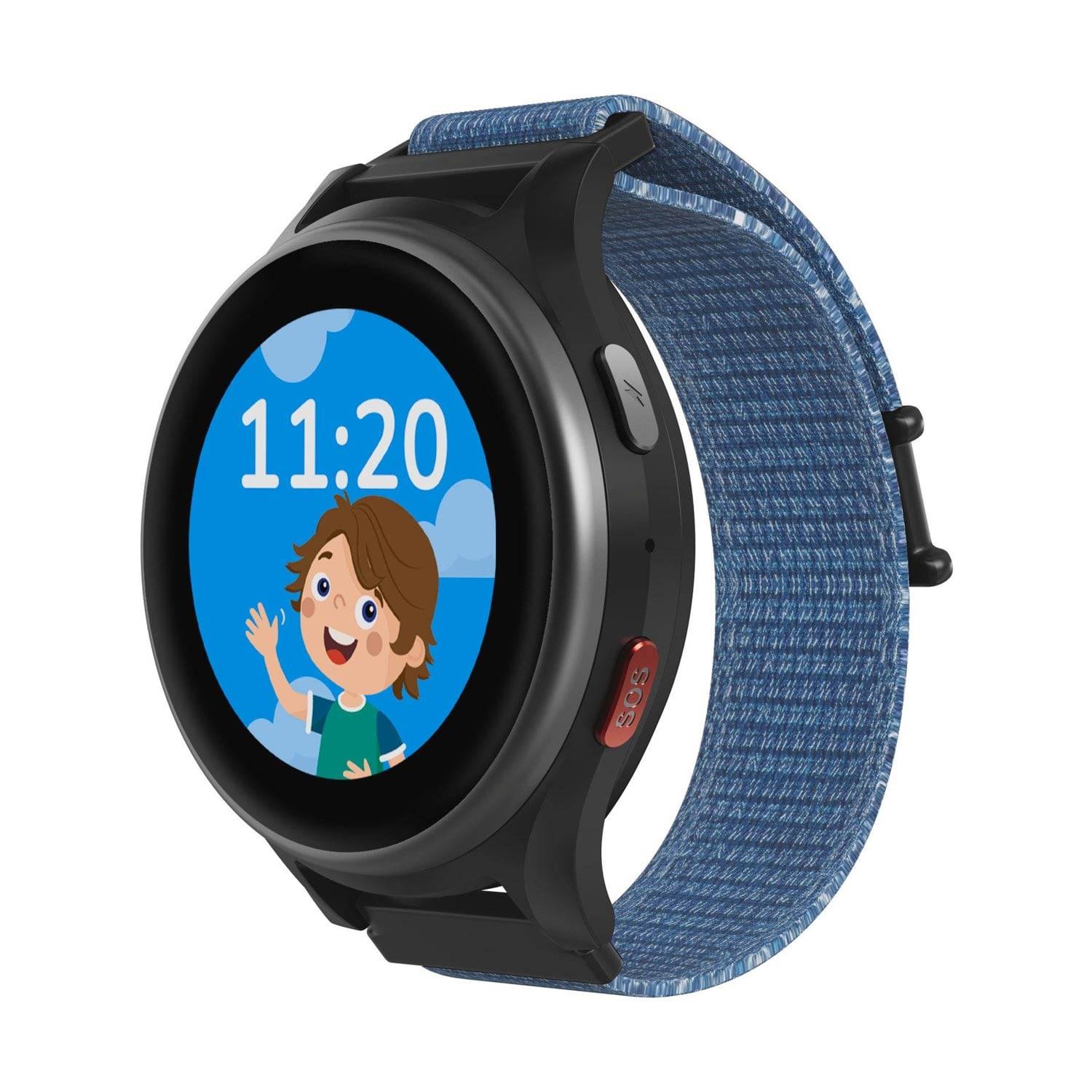 Smartwatch mit einem blauen Stoffarmband, auf dem Bildschirm ein Cartoon-Kind und die Uhrzeit „11:20