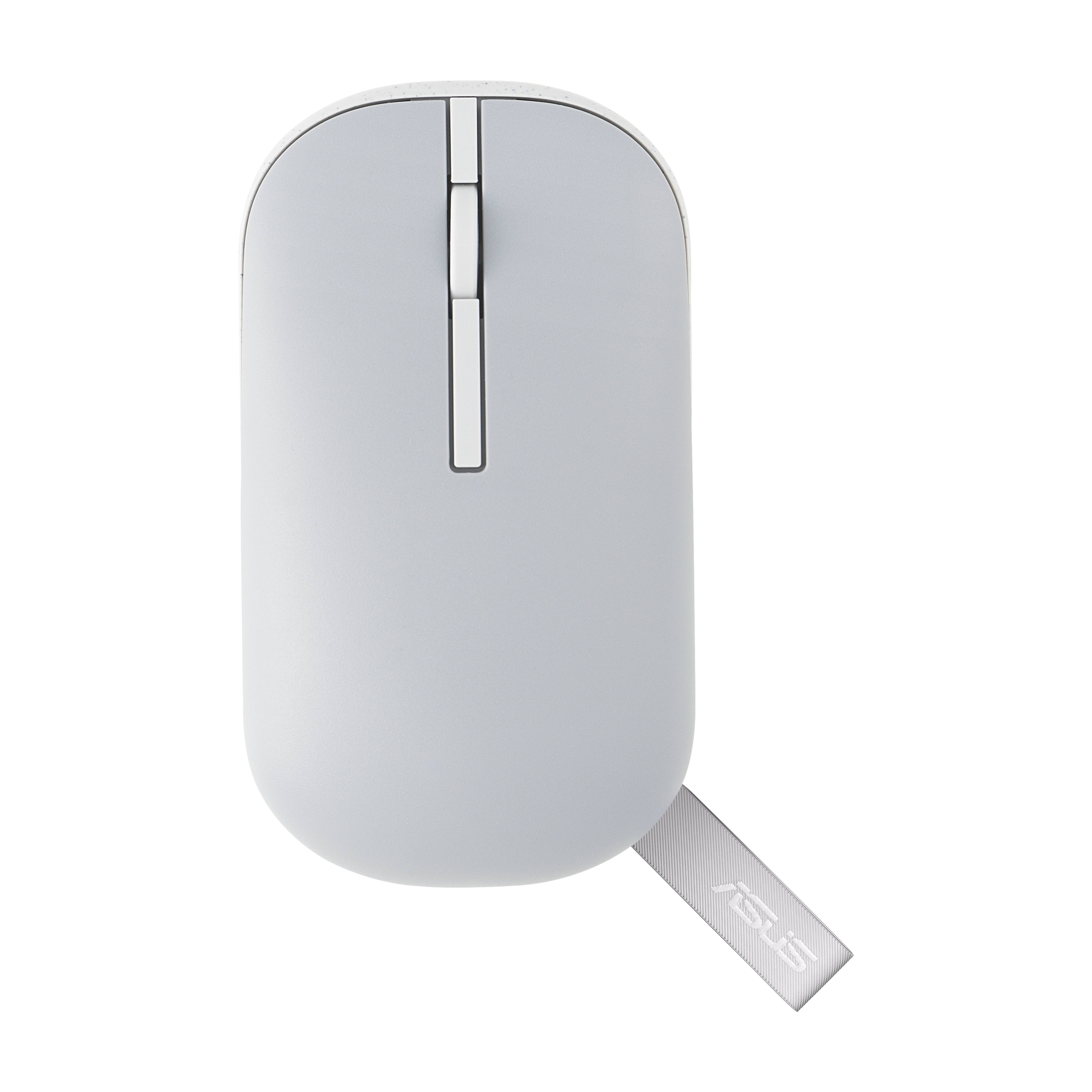 Weiße kabellose Computermaus mit USB-Empfänger, der unten rechts herausragt, vor schwarzem Hintergrund.