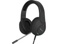 Schwarzes Over-Ear-Gaming-Headset mit angebrachtem Boom-Mikrofon auf weißem Hintergrund.