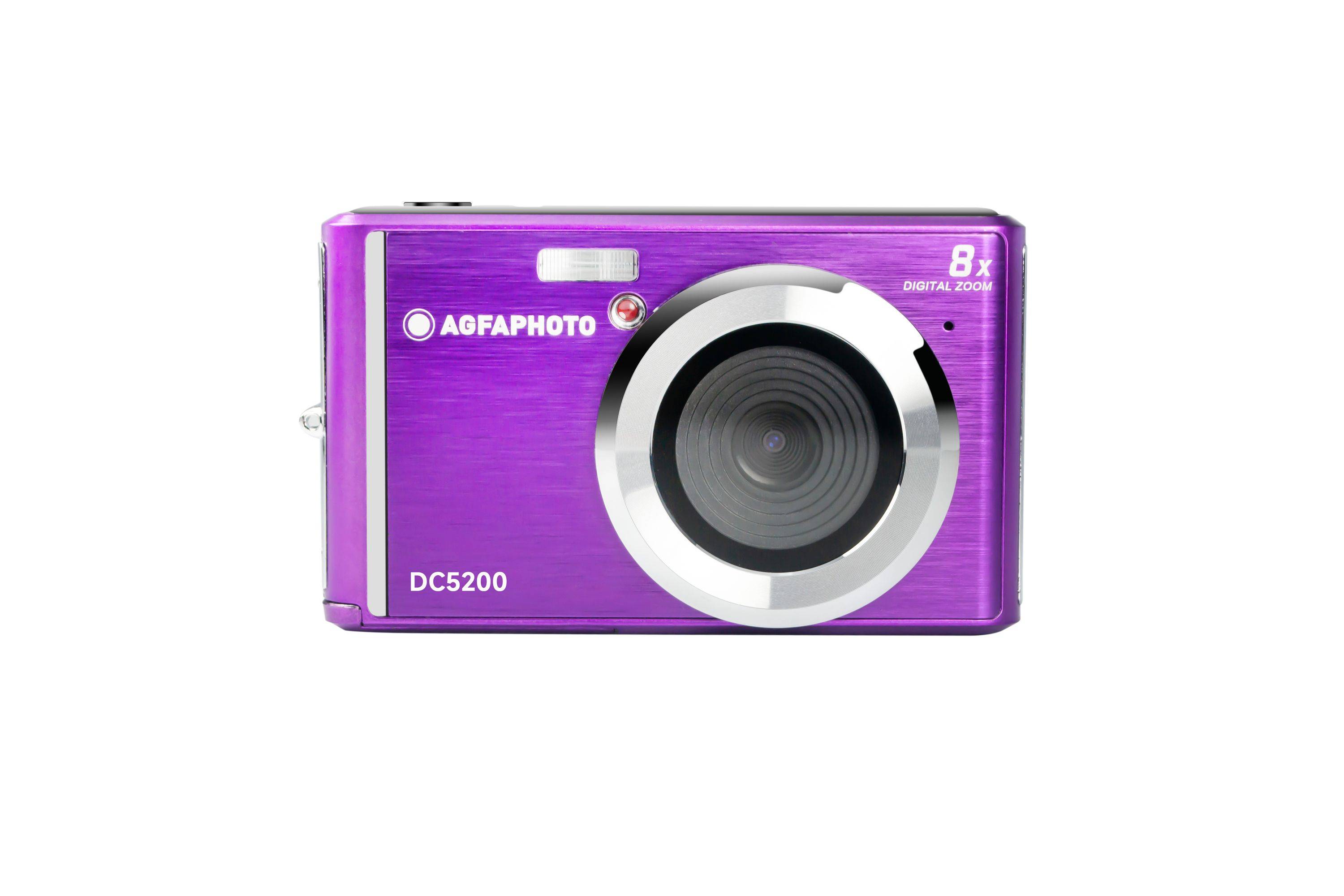 Lila AgfaPhoto DC5200 Digitalkamera in Frontansicht mit großem Objektiv und 