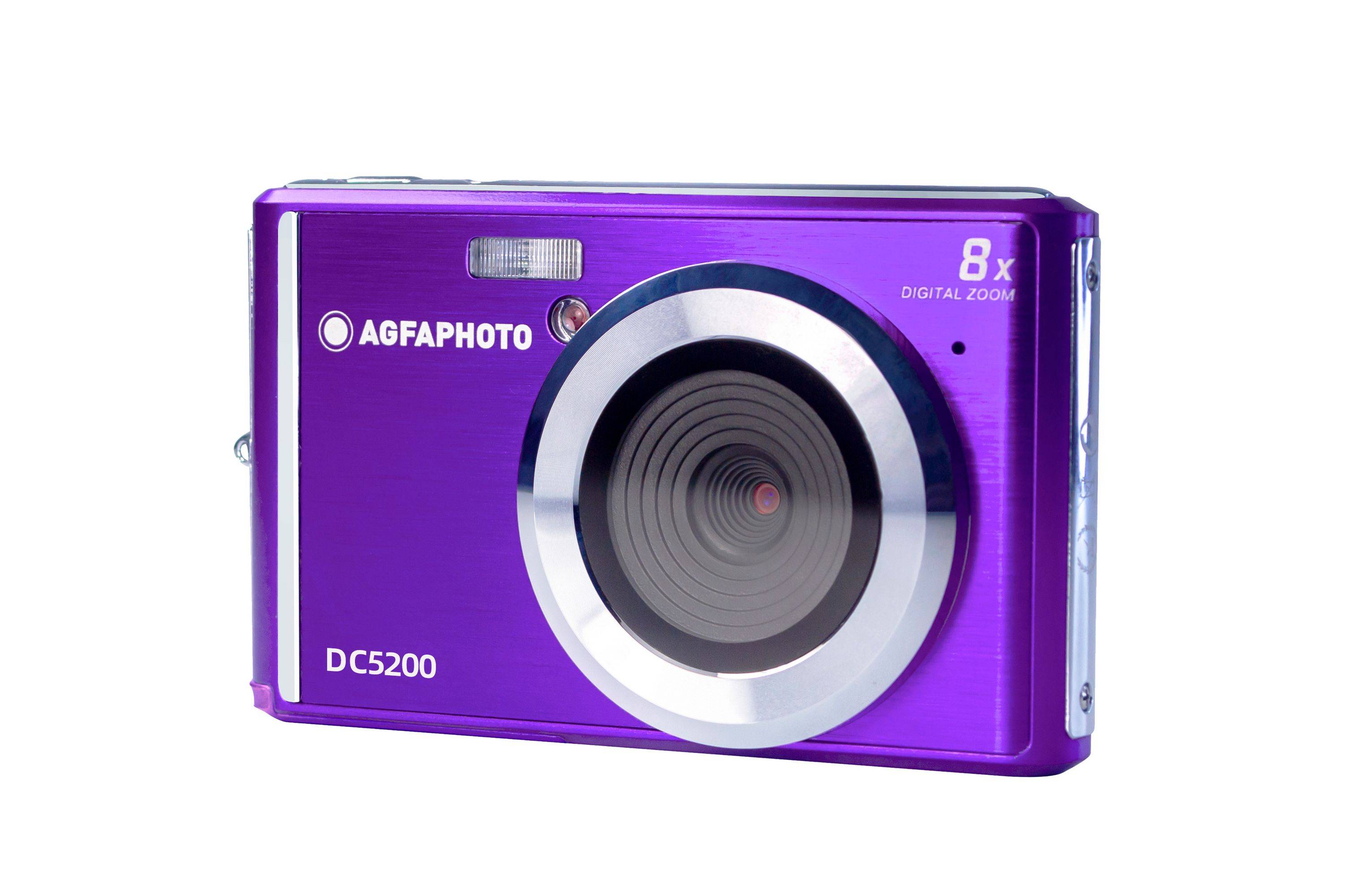 Purple AgfaPhoto DC5200 Digitalkamera in Vorderansicht mit großem silberfarbenem Objektiv und Text 