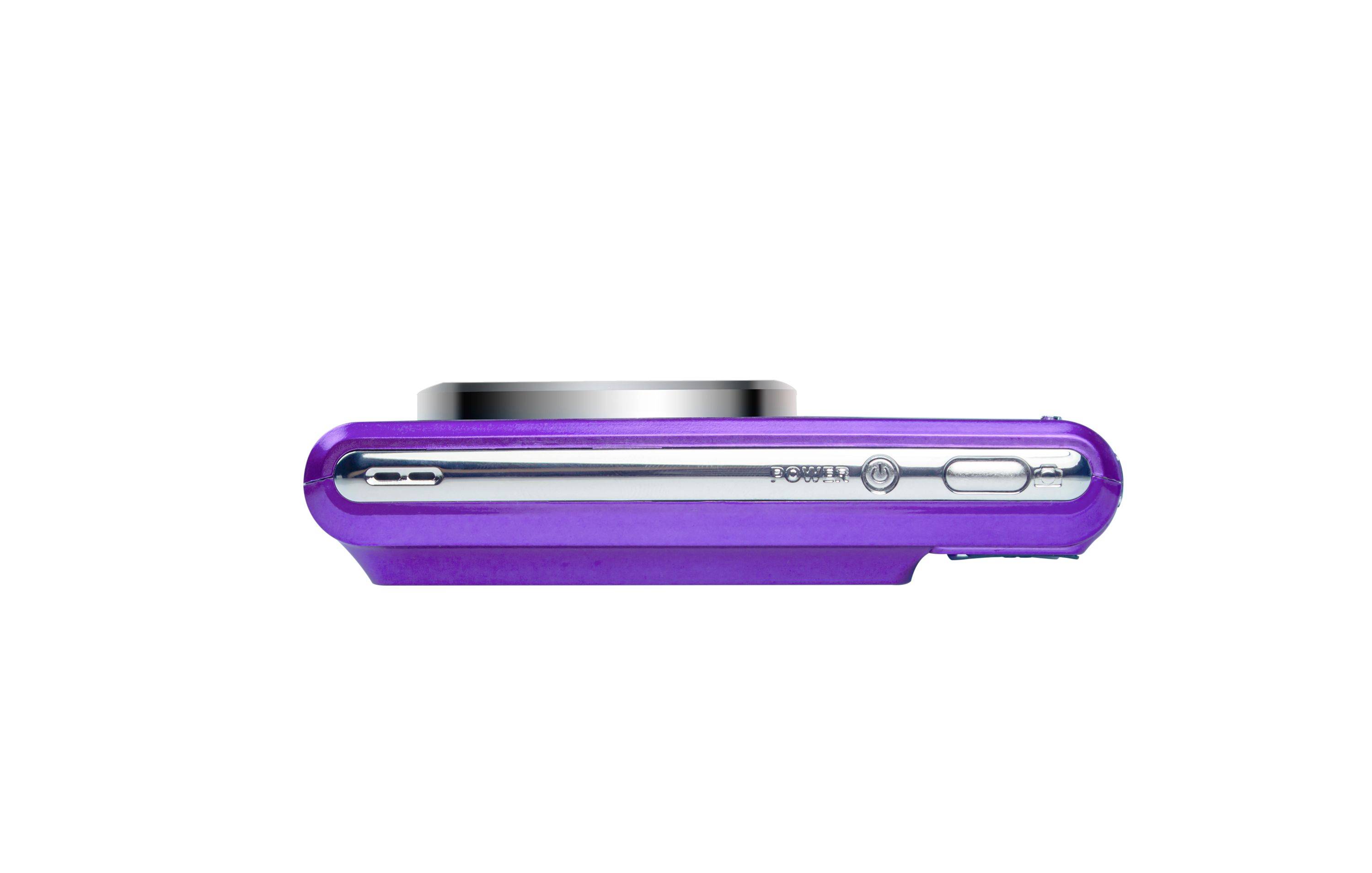 Seitenansicht eines violetten kompakten elektronischen Geräts mit einer silbernen Oberseite und einem Seitenschalter auf weißem Hintergrund.