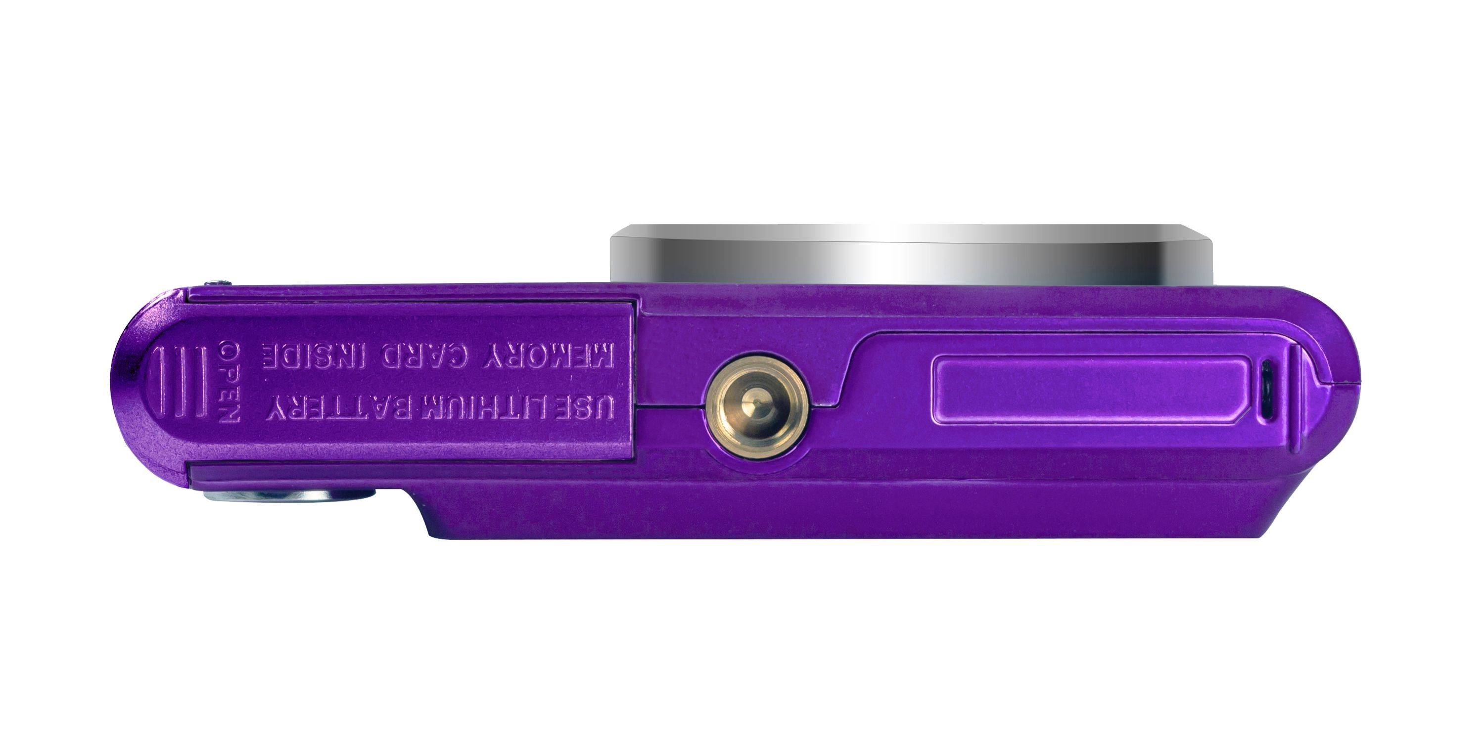 Violettes tragbares Universalmesser mit Schiebeklingsmechanismus, in Seitenansicht auf weißem Hintergrund dargestellt.