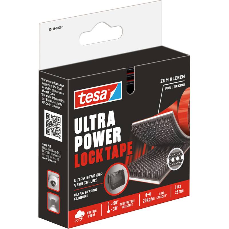 Produktpaket für tesa Ultra Power Lock Tape, ein strapazierfähiges Klebebefestigungsband mit „zum Kleben