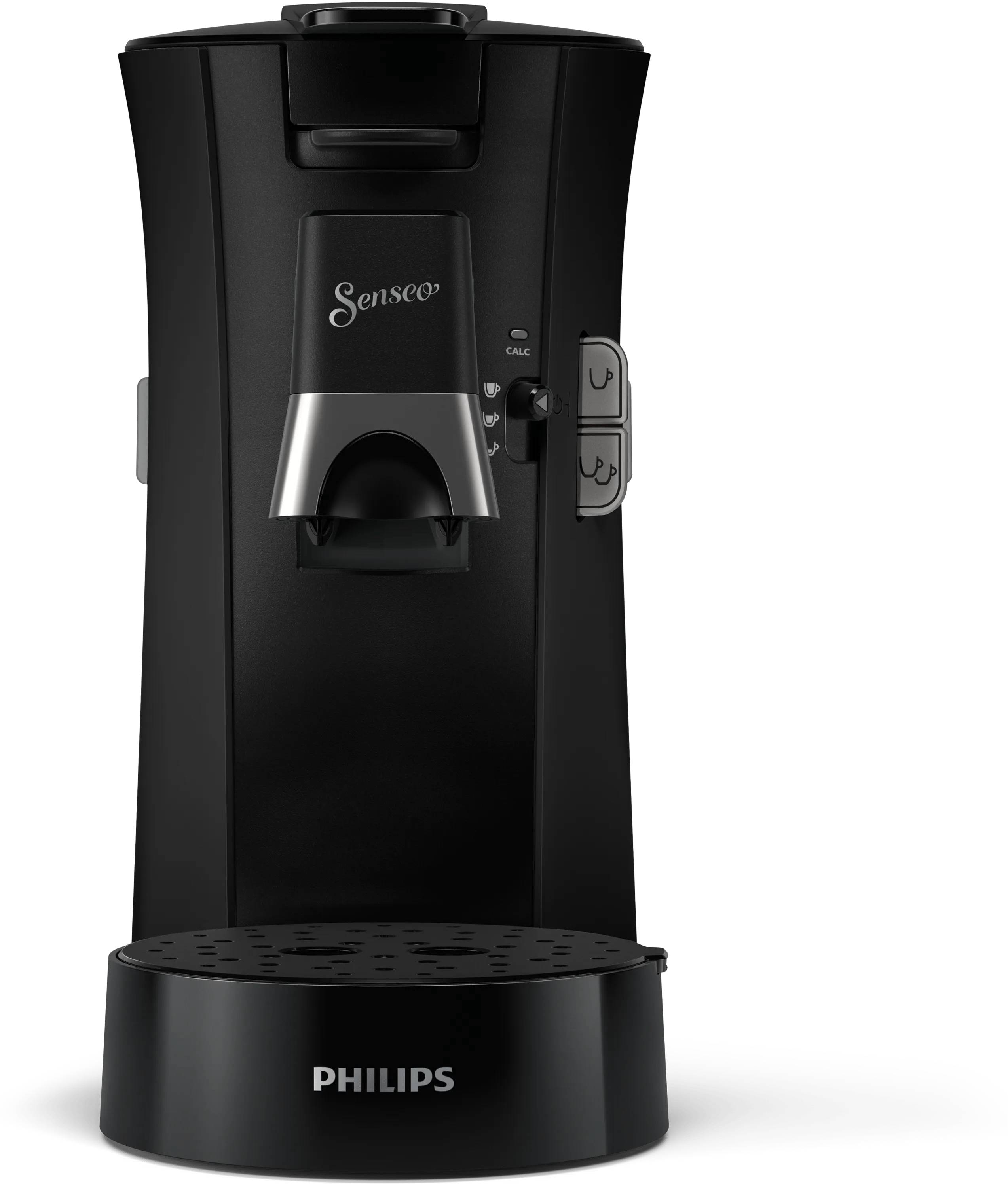 Schwarze Philips Senseo Kaffeemaschine auf einem runden Tropfbrett, Frontansicht vor einfachem dunklem Hintergrund.