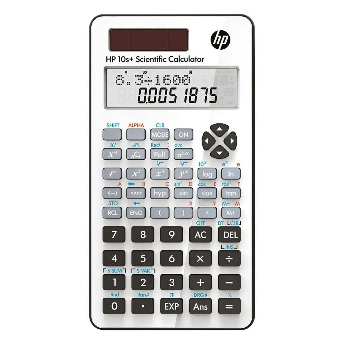 HP 10s+ wissenschaftlicher Taschenrechner mit Display, das 0,0051875 anzeigt, und einer Menüzeile darüber; Tastenfeld enthält arithmetische Funktionen, trigonometrische Funktionen und Speicherfunktionen.