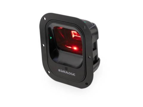 Schwarzes Datalogic-Barcode-Scanner-Modul mit rotem Scanlicht, in Nahaufnahme auf weißem Hintergrund