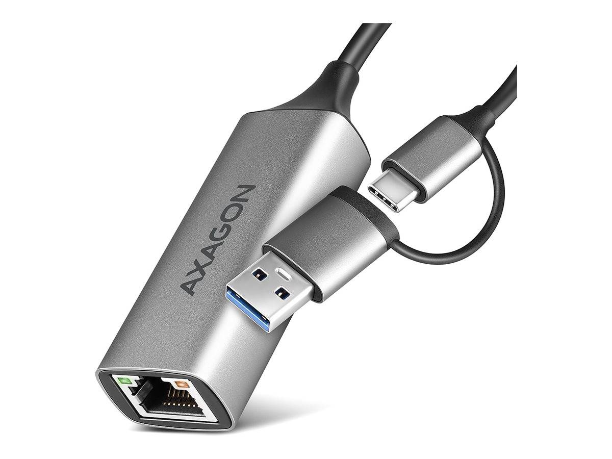 USB-C auf USB-A Adapter mit Ethernet-Anschluss, zeigt einen silbernen AXAGON-Dongle und angeschlossenes USB-Kabel.