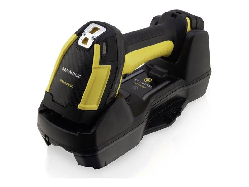 Ein gelber und schwarzer Handbarcode-Scanner ruht auf seiner Ladestation. Das Gerät verfügt über ein kompaktes, ergonomisches Design.