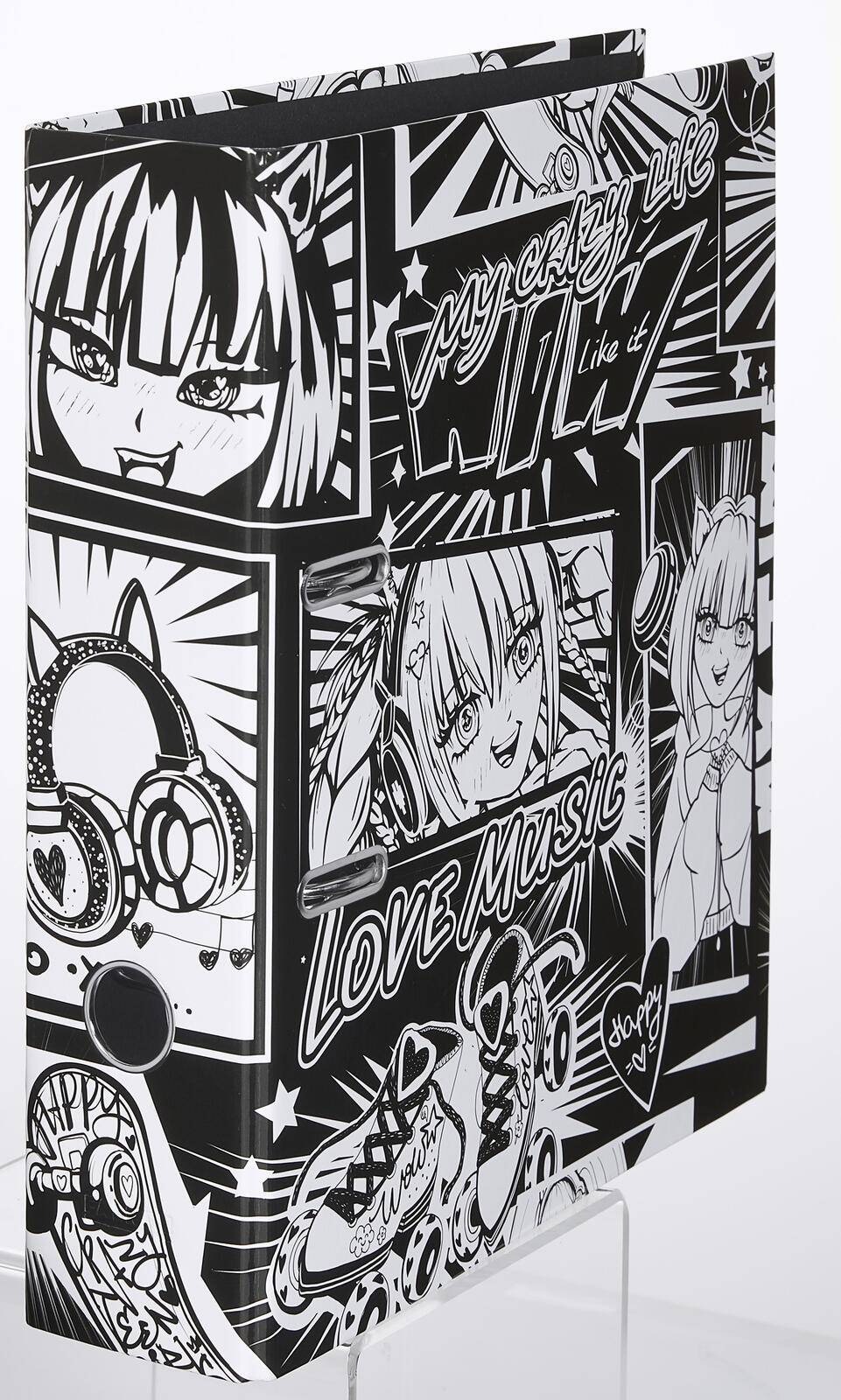 Schwarz-weiße Manga-Stil-Geschenktasche mit Anime-Gesichtern, Kopfhörern und Text einschließlich „Love music